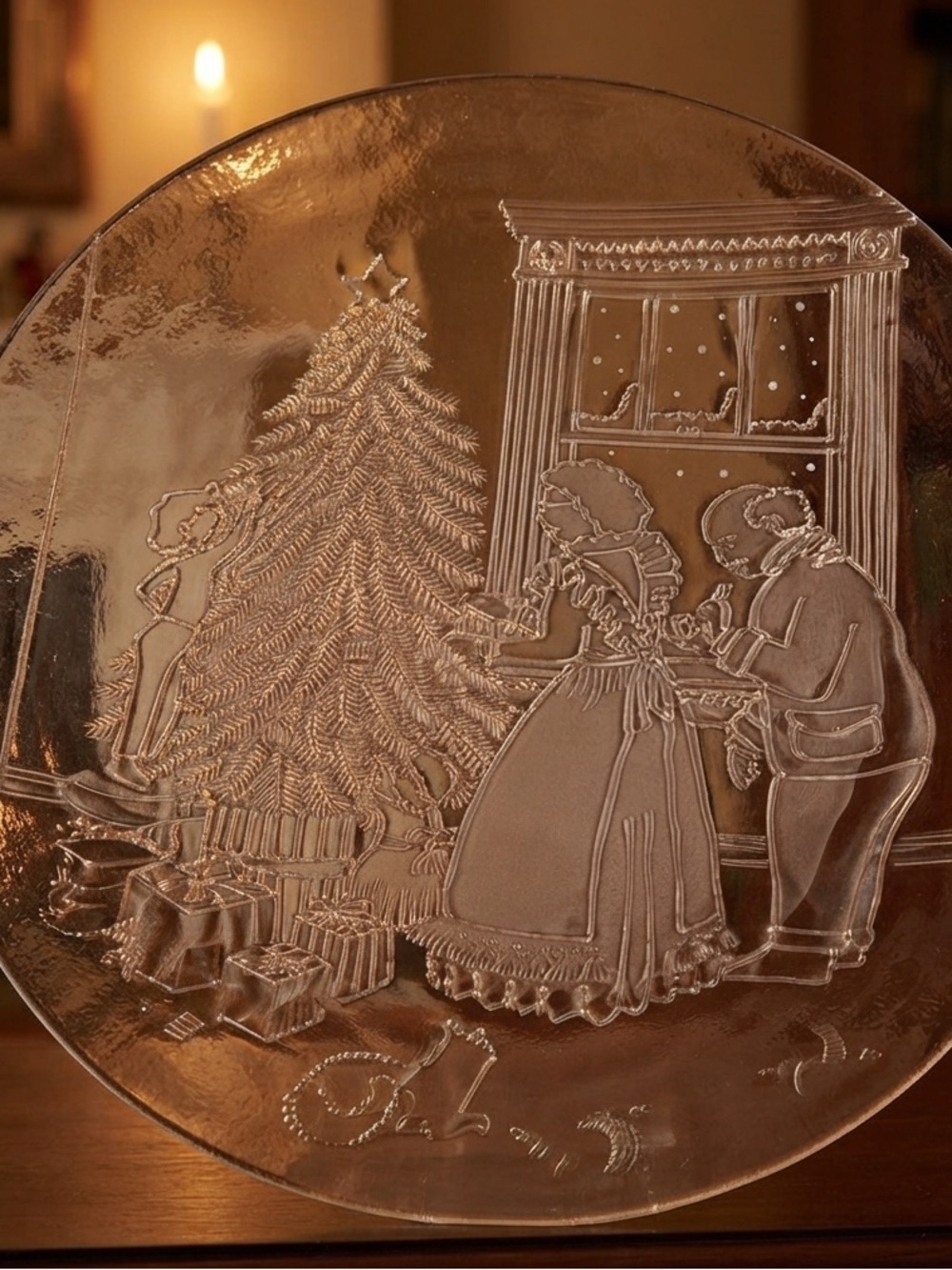 Clear Glass Christmas Plate Vintage Pilgram Glass 13" Christmas Platter.